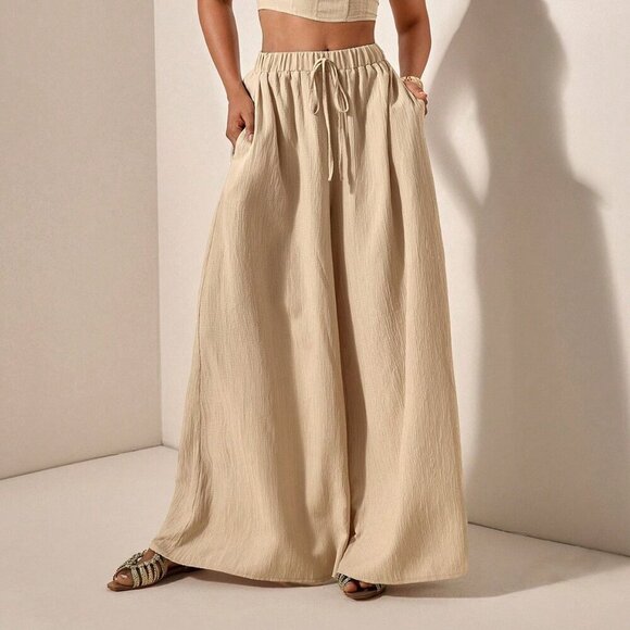 Khaki womens crop top & flowy wide legged pants textured fabric coord set - Picture 7 of 8